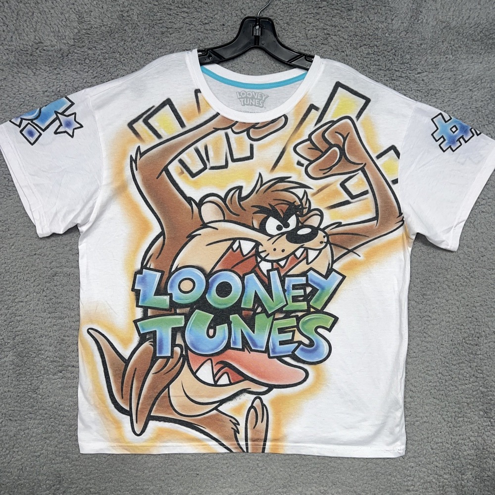 Looney Tunes Tasmanian Devil Taz T Shirt Men's Sz XL White Graffiti Cartoon‎ Tee